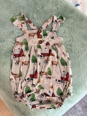 Posh Peanut Farm Animal Print Romper in Cream, Green & Red